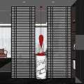 Modern Entryway Interior Design With Black Slatted Screens Red Pendant Light And Marble Console Table