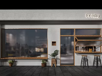 Modern Friday Storefront With White Wall Large Glass Window City Night View And Wooden Decor 3d model