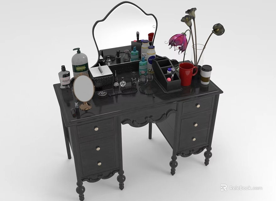 Black Dressing Table With Drawers Cosmetics Mirror Vase Cup And Accessories 3d model 