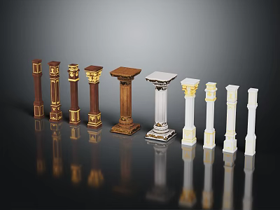 Various Decorative Columns With Gold Accents Wooden White Carved Bases As Scene Elements 3d model