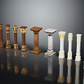 Various Decorative Columns With Gold Accents Wooden White Carved Bases As Scene Elements