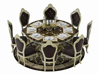 Classic Round Dining Table Set With Marble Tabletop Eight Carved Chairs And Ornate Rug 3d model