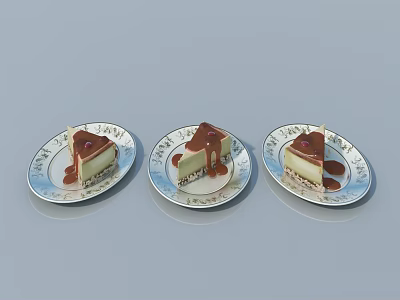 Three Delicious Cake Slices with Chocolate Sauce and Cherry on Patterned Plates 3d model