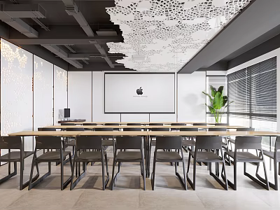 Modern Conference Room Interior With Projection Screen Tables Chairs And Decorative Ceiling 3d model