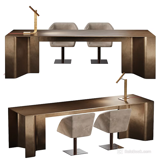 Modern Brass Desk Interior With Two Upholstered Chairs And Table Lamp 3d model 