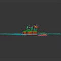 3D Island Scene With Green Plants Red Base White Clouds Small Boat And Blue Water