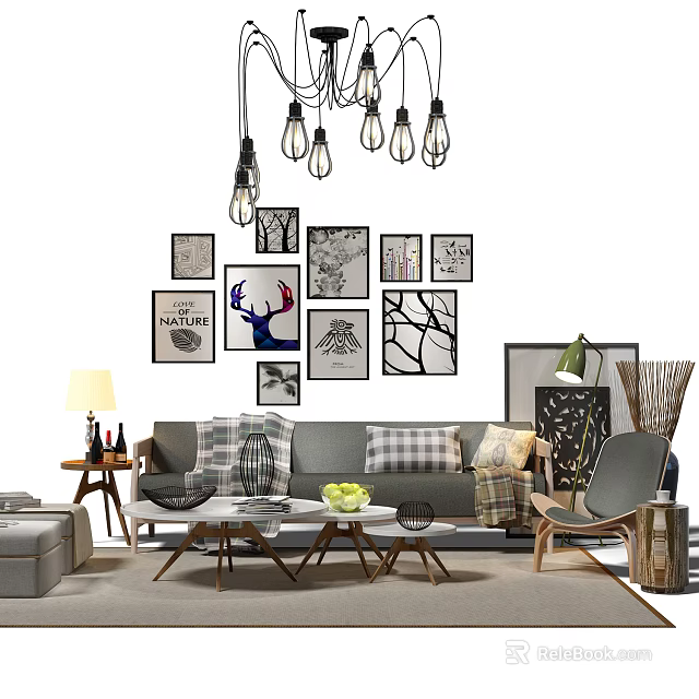 Modern Sofa and Coffee Table Set With Wall Art Pendant Lights And Throw Pillows 3d model