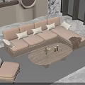 Modern Beige L shaped Sofa and Coffee Table Set with Armchair Green Plants and Large Windows