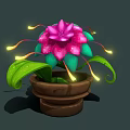 Vibrant Plant with Pink Layered Petals Green Leaves Water Droplets Glowing Yellow Lines in Pot