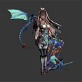 Fantasy Game Character With Pink Hair Blue Dragon Wings Weapon White Blue Outfit And Shield