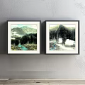 Three Framed Landscape Paintings Hanging on Gray Wall with Mountain Scenery and Seasonal Trees