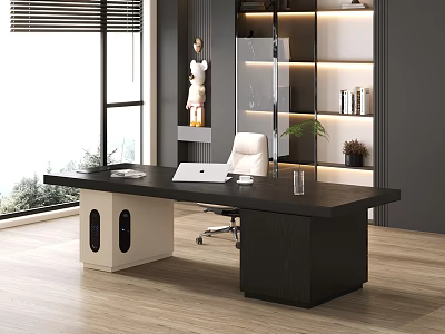 Modern Black Office Desk Interior With White Chair Laptop Green Plant And Bookshelf 3d model
