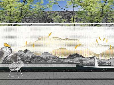 Artistic Scenic Wall With Mountain Patterns Flying Birds And Green Trees Background 3d model