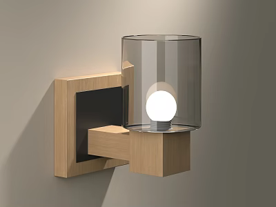 Modern Wall Lamp with Wooden Frame Transparent Glass Shade and White Bulb 3d model