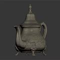 Silver Ornate Engraved Teapot With Decorative Lid Handle And Feet For Household Use