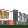 Modern School Building Featuring White Roof Orange Walls Black Lines Large Glass Windows And Lawn