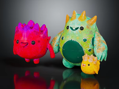 Cute Three Smiling Spiky Red Green Yellow Monster Toy Creatures Standing Together 3d model