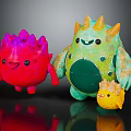 Cute Three Smiling Spiky Red Green Yellow Monster Toy Creatures Standing Together