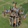 Cartoon Castle Scene With Multiple Spires Towers Intricate Structure On Green Grassland Under Blue Sky