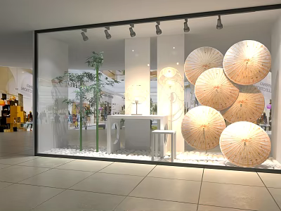 Stylish Window Showcase With Decorative Umbrellas Bamboo Plants And White Pebbles 3d model