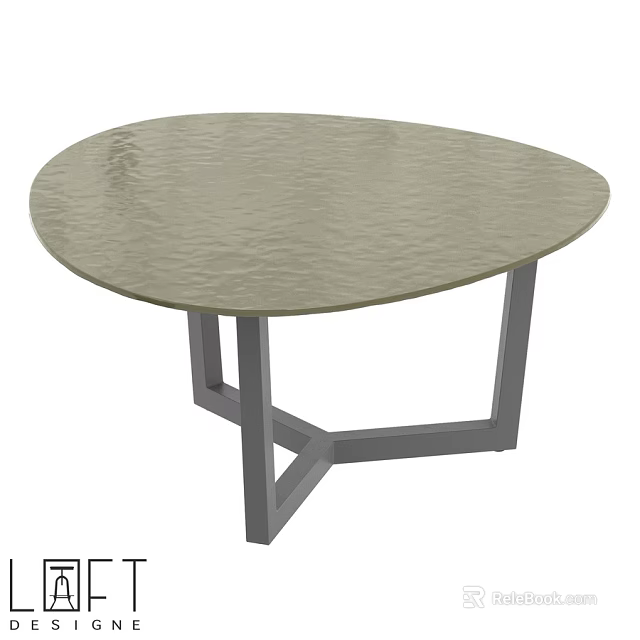 Modern Minimalist Dining Table With Oval Light Gray Hammered Surface And Metal Cross Base Design 3d model 