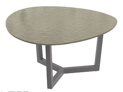 Modern Minimalist Dining Table With Oval Light Gray Hammered Surface And Metal Cross Base Design 3d model