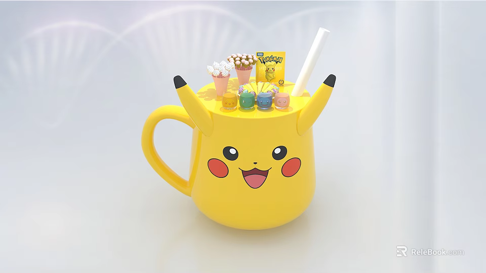 Yellow Pikachu Shaped Mug With Small Colorful Containers Straw And Pokemon Items 3d model 