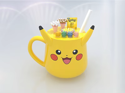 Yellow Pikachu Shaped Mug With Small Colorful Containers Straw And Pokemon Items 3d model