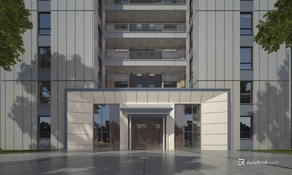 Entrance Gate Of Modern Apartment Building With Glass And White Facade Design 3d model 