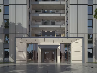 Entrance Gate Of Modern Apartment Building With Glass And White Facade Design 3d model