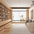Modern Living Room Interior with Open Bookshelf Beige Sofa Wooden Floor Rug and Green Plant