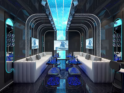 Stylish KTV Interior With Blue Lighting White Sofas Large Screen And Mirror Walls 3d model