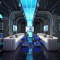 Stylish KTV Interior With Blue Lighting White Sofas Large Screen And Mirror Walls 3d model