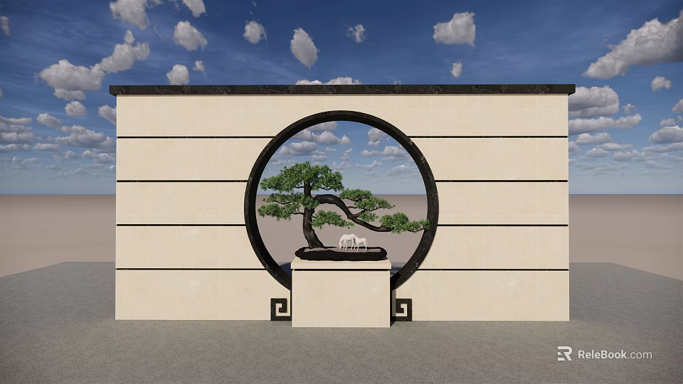 Traditional Chinese Feature Wall with Circular Opening Bonsai Tree and Square Pedestal Against Blue Sky 3d model 