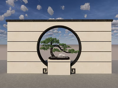 Traditional Chinese Feature Wall with Circular Opening Bonsai Tree and Square Pedestal Against Blue Sky 3d model