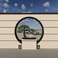 Traditional Chinese Feature Wall with Circular Opening Bonsai Tree and Square Pedestal Against Blue Sky