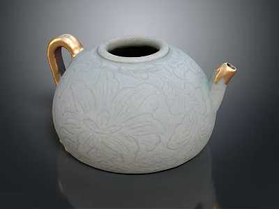 Elegant White Ceramic Teapot With Intricate Floral Patterns Golden Handle And Spout Design 3d model