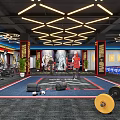 Modern Fitness Gym Interior With Treadmills Fitness Equipment Red Boxing Statue And Large Screens