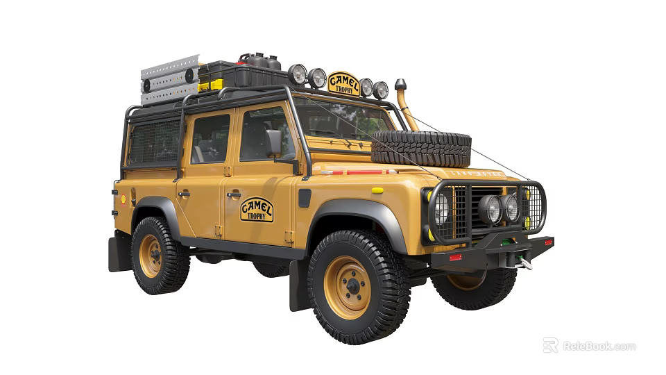 Yellow Off Road Adventure Car With Roof Rack Spare Tire Headlights And Large Tires 3d model 