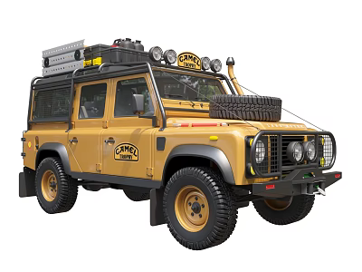Yellow Off Road Adventure Car With Roof Rack Spare Tire Headlights And Large Tires 3d model