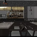 Modern Open Layout Restaurant Interior With Dark Tables Chairs Hanging Lights And Wall Art