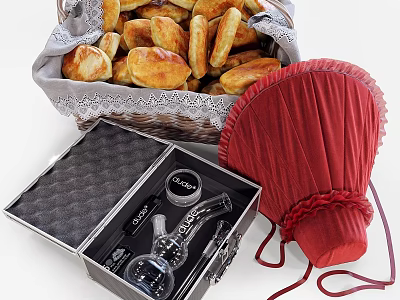 Decorative Ornament Set With Basket Pastries Glass Ornaments And Red Fabric Fan Decor 3d model