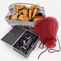 Decorative Ornament Set With Basket Pastries Glass Ornaments And Red Fabric Fan Decor