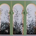 Green And Golden Framed Three Arched TV Background Wall With Plant Pattern Mural