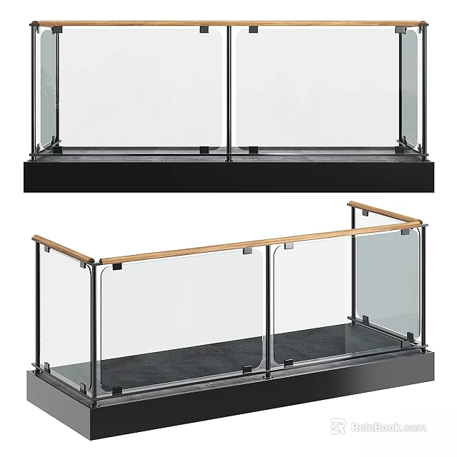 Glass Railing Components with Transparent Panels Wooden Handrail and Black Base Frame 3d model