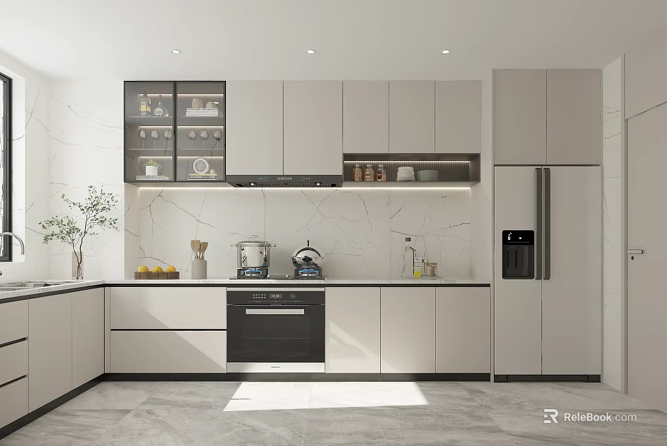 Modern Kitchen Interior With White Cabinets Marble Countertop And Appliances 3d model 