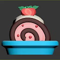 Delicious Dark Red Cake Roll With White Cream And Fresh Strawberries On Blue Plate