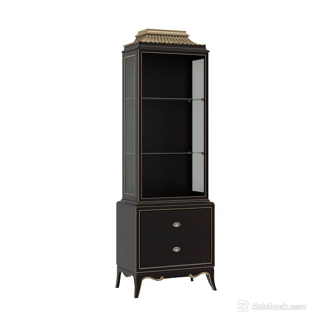 Elegant Dark Wood Display Cabinet with Glass Doors Drawers and Gold Accents Classic Design 3d model 