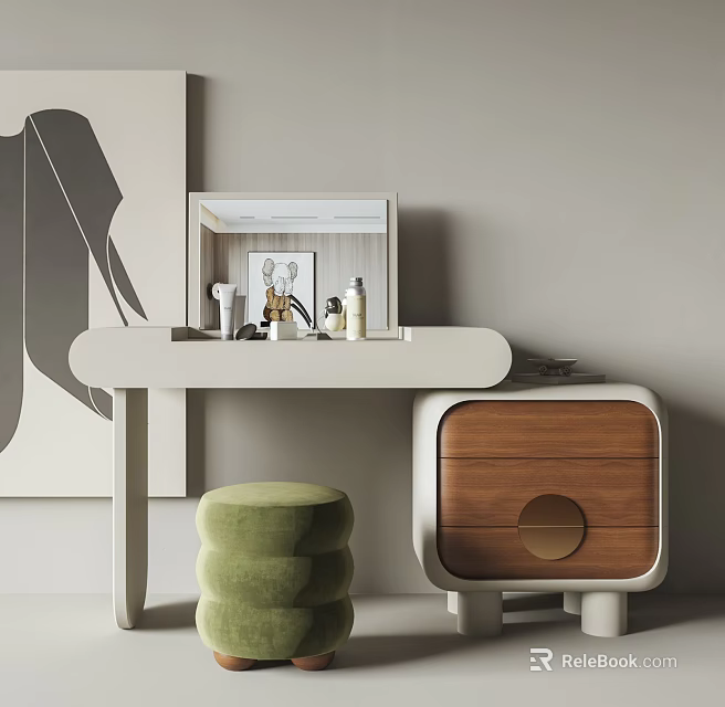 Modern Minimalist Dressing Table with Mirror Green Stool and Wooden Drawer 3d model