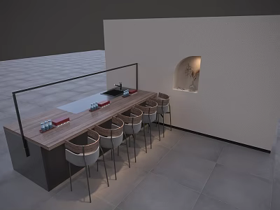 Modern Bar Counter With Wooden Countertop And Comfortable Stools By Illuminated Wall Niche 3d model